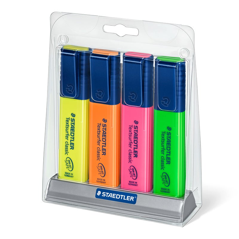 STAEDTLER Textsurfer Classic Highlighters - 4 Colors Rainbow Set with Stand, Ultra-Soft Chisel Tip, Fast-Drying Ink, Large Reservoir for Extended Use - Image 1