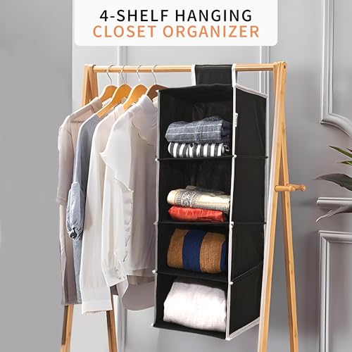 Kuber Industries Non Woven Foldable 4 Shelf Hanging Closet Organizer | Perfect for Daily Clothes/Garment | Multipurpose Wardrobe/Cupboard/Almirah Hanging Cloth Organizer | Plain - Black - Image 2