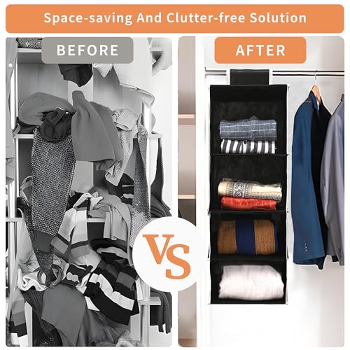 Kuber Industries Non Woven Foldable 4 Shelf Hanging Closet Organizer | Perfect for Daily Clothes/Garment | Multipurpose Wardrobe/Cupboard/Almirah Hanging Cloth Organizer | Plain - Black - Image 5
