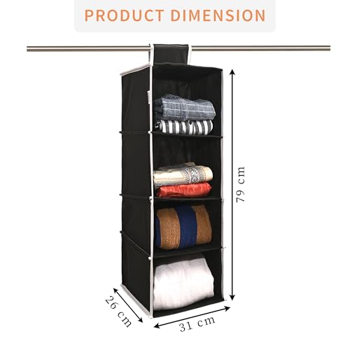 Kuber Industries Non Woven Foldable 4 Shelf Hanging Closet Organizer | Perfect for Daily Clothes/Garment | Multipurpose Wardrobe/Cupboard/Almirah Hanging Cloth Organizer | Plain - Black - Image 3