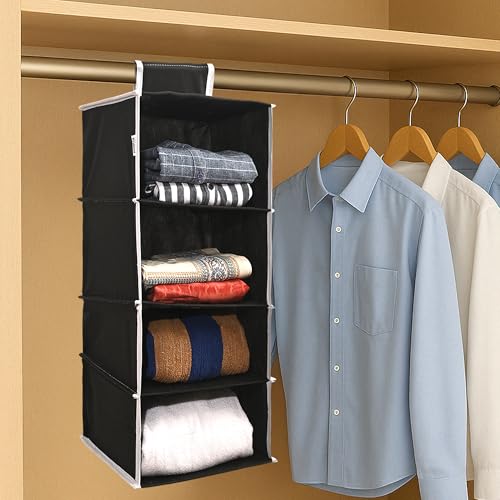 Kuber Industries Non Woven Foldable 4 Shelf Hanging Closet Organizer | Perfect for Daily Clothes/Garment | Multipurpose Wardrobe/Cupboard/Almirah Hanging Cloth Organizer | Plain - Black - Image 1