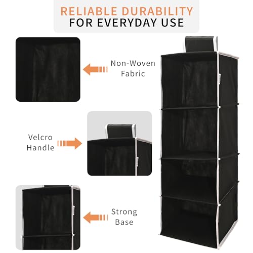 Kuber Industries Non Woven Foldable 4 Shelf Hanging Closet Organizer | Perfect for Daily Clothes/Garment | Multipurpose Wardrobe/Cupboard/Almirah Hanging Cloth Organizer | Plain - Black - Image 4