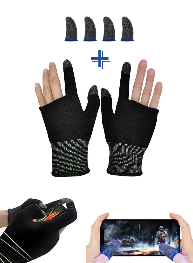 Aurafly 1 Pairs E-Sports Gaming Gloves＋4 Pcs Mobile Esports Gaming Finger Sleeve，Anti-Sweat Breathable Thumb for Highly Sensitive Nano-Silver Fiber Material and Nylon PUBG Mobile Phone Games Accessories  - Image 1