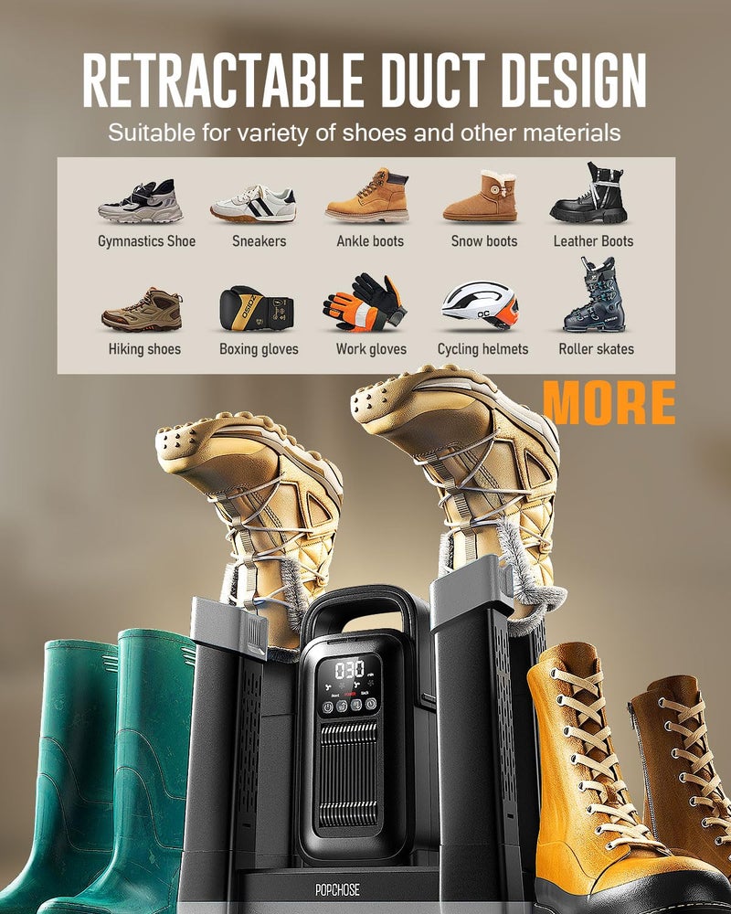 POPCHOSE Heavy-Duty Boot Dryer, Boot Warmer Helps Reduce Odor, Fast 1.5-Hour Drying Dual Dir Duct Shoe Dryer, Silent & Adjustable Timer, Effective Drying for Work Boots & Outdoor Gear - Image 3