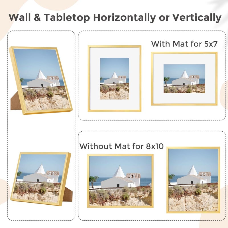 FLYJOE 8x10 Picture Frame - Metal Frame With Mat 5x7 | 8 x 10 Aluminum Photo Frame | Plexiglass And Hanging Hardware Included | Black 8x10 Picture Frame | Gold - Image 4