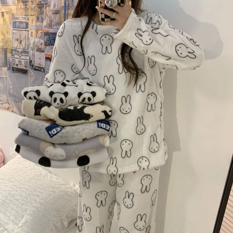 بيجامة من الفليس المرجاني للنساء شتوية دافئة سميكة مبطنة بالفليس ملابس منزلية طويلة الأكمام لطيفة من الفلانيل خريف وشتاء - Image 5