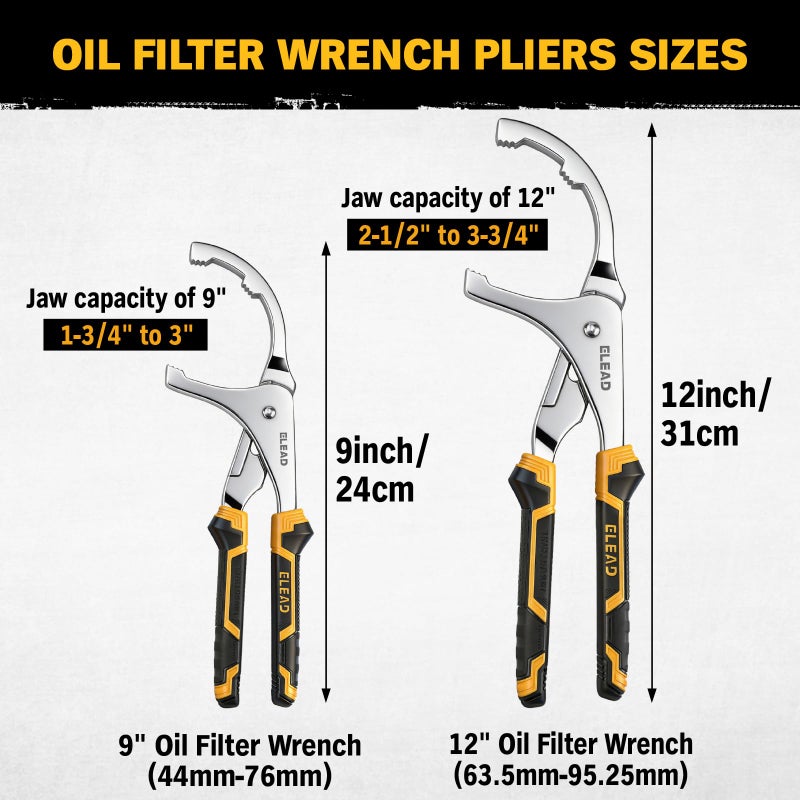 ELEAD Adjustable Oil Filter Wrench Set - 9" & 12" Oil Filter Pliers Oil Filter Removal Tools for Cars, Trucks, Motorcycles - Durable Carbon Steel, Ergonomic Grip, Easy Access Design - Image 2