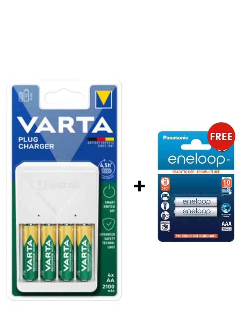 VARTA Plug Charger , 240V , comprises 4 charger models compatible with 2 or 4 rechargeable batteries in all common sizes AAA, AA, & 2-Piece Eneloop AAA Batteries WhiteBundle - Image 1