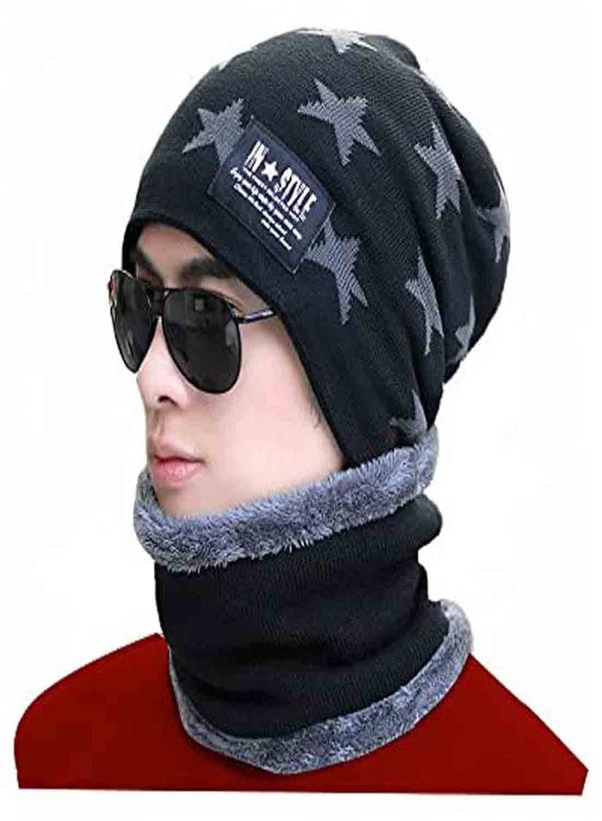 V3E Star Woolen Snow Proof Inside Fur Wool Unisex Beanie Cap with Neck Warmer Set Knit Hat Thick Fleece Lined Winter Hat for Men & Women-(Black) - Image 1