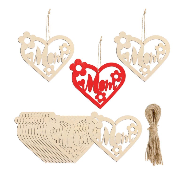 20pcs Mom Heart Shaped Wood Cutouts DIY Crafts Mothers Day Unfinished Wooden Tags Ornaments for Happy Mothers Day Birthday Party Decoration