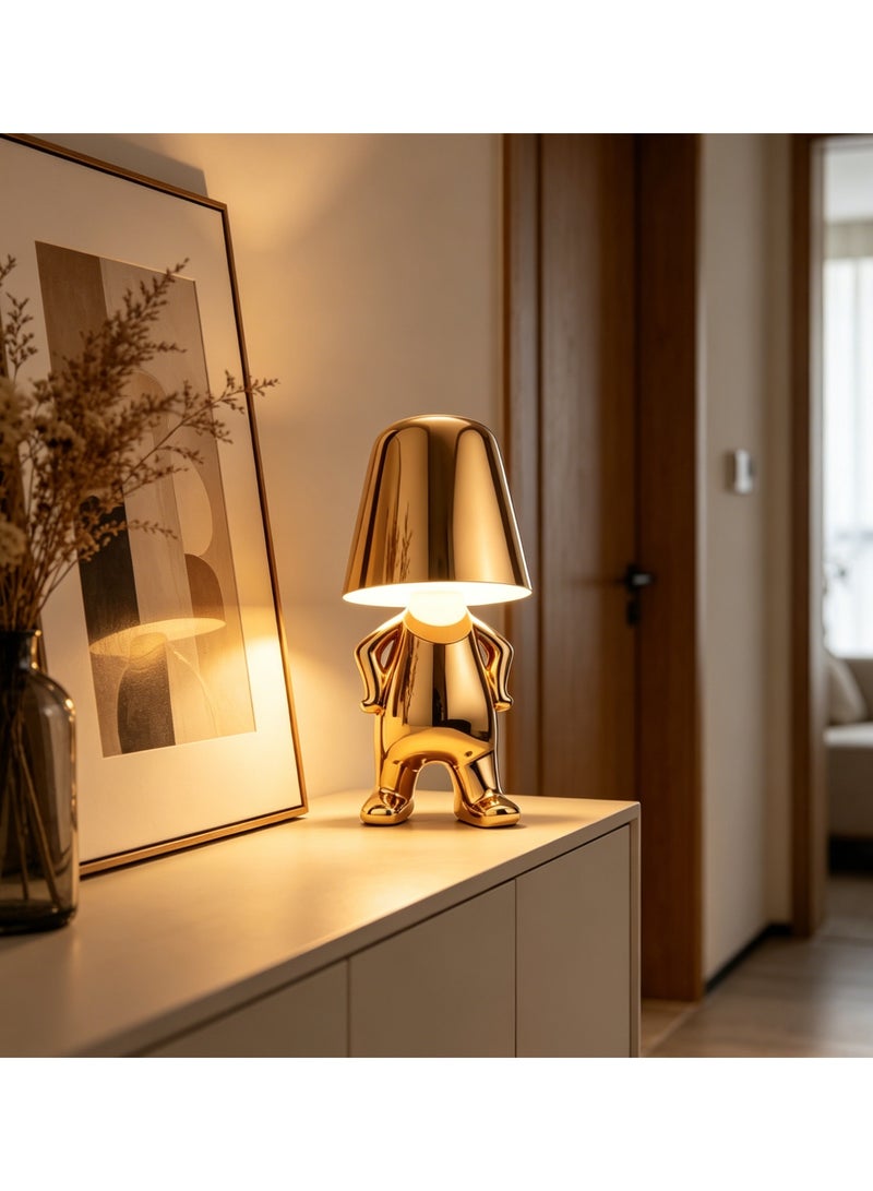 Rich Life Rechargeable touch-sensitive LED table lamp, featuring a creative golden figurine with arms akimbo, USB fast charging for extended battery life, and three adjustable color temperature levels. It serves both as a decorative element and a lighting source, ideal for bedside tables in bedrooms and desktops in offices. With its light luxury feel, it makes a great gift for festivals - Image 4