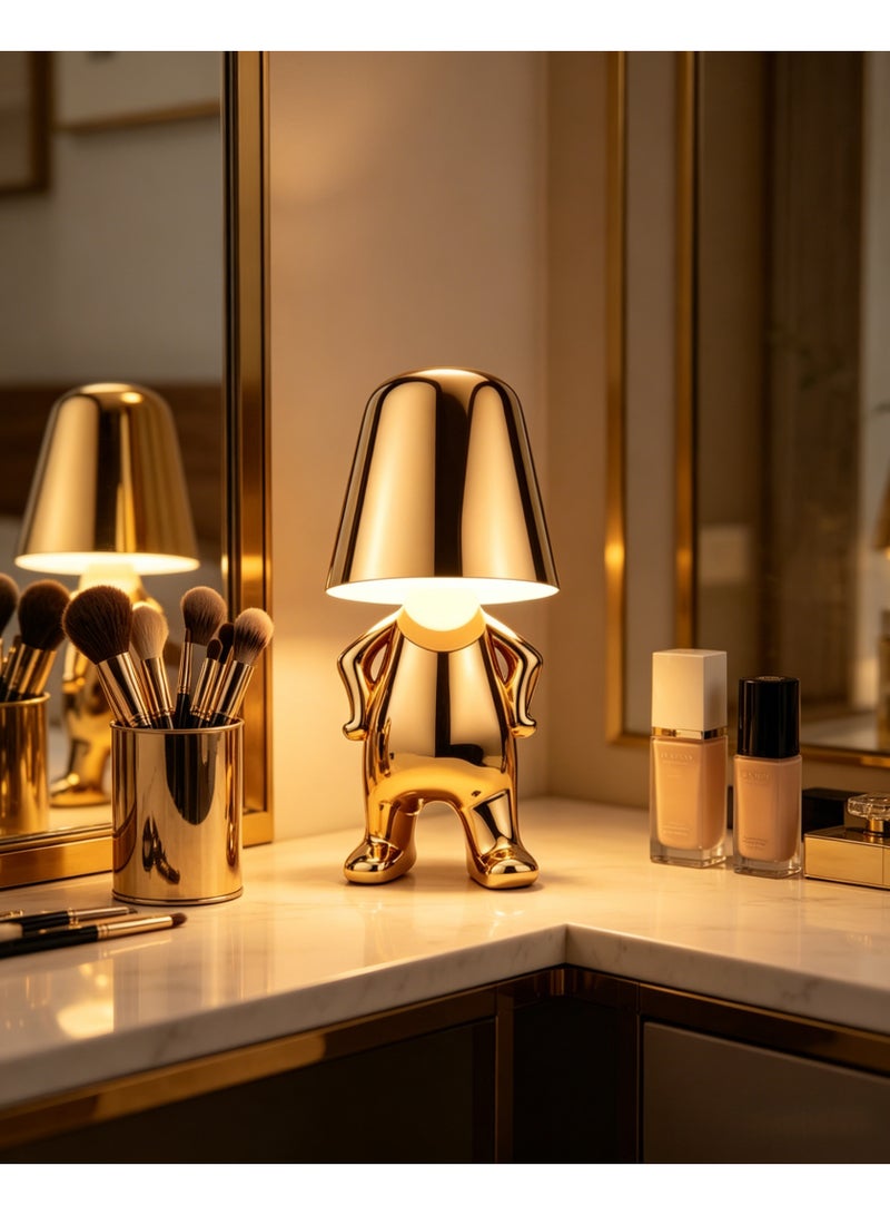 Rich Life Rechargeable touch-sensitive LED table lamp, featuring a creative golden figurine with arms akimbo, USB fast charging for extended battery life, and three adjustable color temperature levels. It serves both as a decorative element and a lighting source, ideal for bedside tables in bedrooms and desktops in offices. With its light luxury feel, it makes a great gift for festivals - Image 5