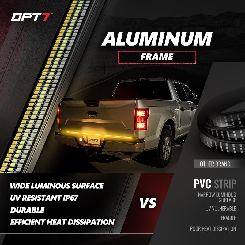 OPT7 60" Redline Triple Row LED Tailgate Light Bar w/Sequential Amber Turn Signal, Rigid Aluminum Frame Strip â€“ Fits 2005â€“2014 F150, RAM, Silverado/Sierra 1500 â€“ Full Function: Brake, Reverse, Running - Image 4