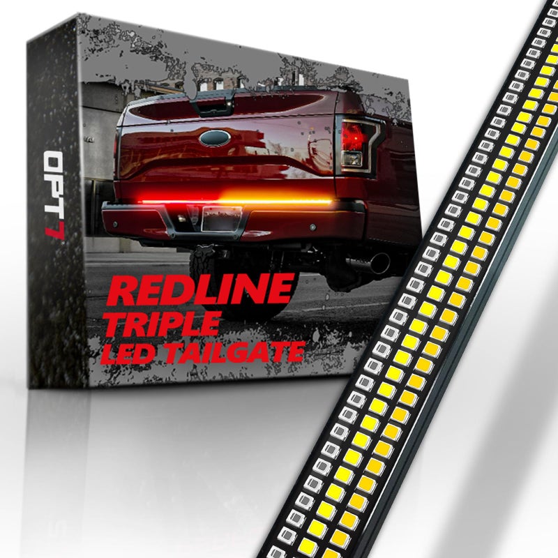 OPT7 60" Redline Triple Row LED Tailgate Light Bar w/Sequential Amber Turn Signal, Rigid Aluminum Frame Strip â€“ Fits 2005â€“2014 F150, RAM, Silverado/Sierra 1500 â€“ Full Function: Brake, Reverse, Running - Image 1