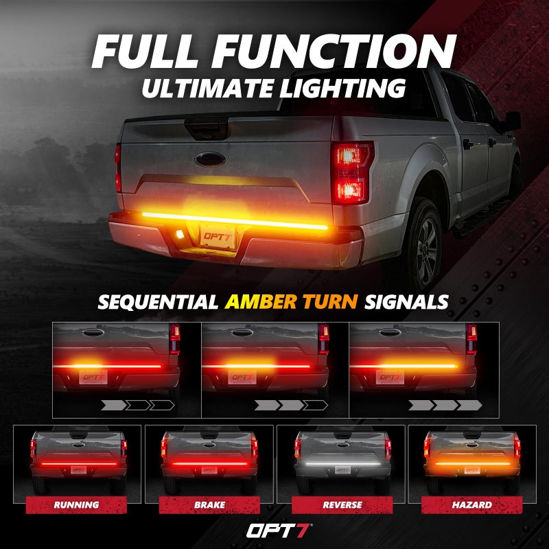 OPT7 60" Redline Triple Row LED Tailgate Light Bar w/Sequential Amber Turn Signal, Rigid Aluminum Frame Strip â€“ Fits 2005â€“2014 F150, RAM, Silverado/Sierra 1500 â€“ Full Function: Brake, Reverse, Running - Image 5