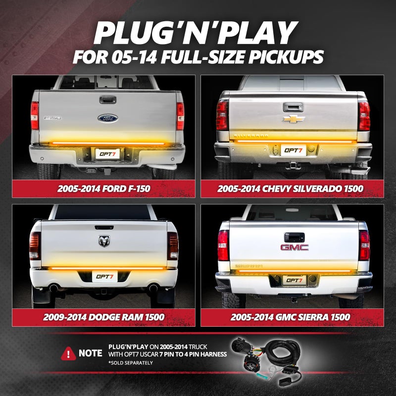 OPT7 60" Redline Triple Row LED Tailgate Light Bar w/Sequential Amber Turn Signal, Rigid Aluminum Frame Strip â€“ Fits 2005â€“2014 F150, RAM, Silverado/Sierra 1500 â€“ Full Function: Brake, Reverse, Running - Image 2