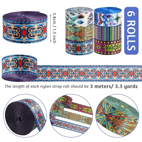 Grosun 6 Rolls 1.5 inch Retro Nylon Webbing Belt Webbing Straps Purse Straps Backpack Straps Nylon Belt in Thermal Transfer Patterns for Seatbelt, Bags, Backpacks, Handles, Luggage, Slings - Image 2