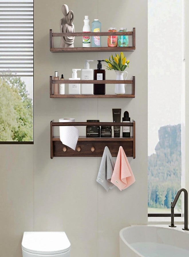 AZSKY 16 Inch Nursery Book Shelves Wall Floating Bookshelf with Hook Deep Walnut Hanging Book Shelf Toddler Room for Kids Room Bedroom Bathroom Living Room Kitchen Set of 3 - Image 5