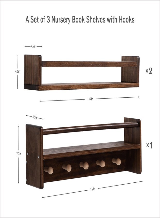 AZSKY 16 Inch Nursery Book Shelves Wall Floating Bookshelf with Hook Deep Walnut Hanging Book Shelf Toddler Room for Kids Room Bedroom Bathroom Living Room Kitchen Set of 3 - Image 3