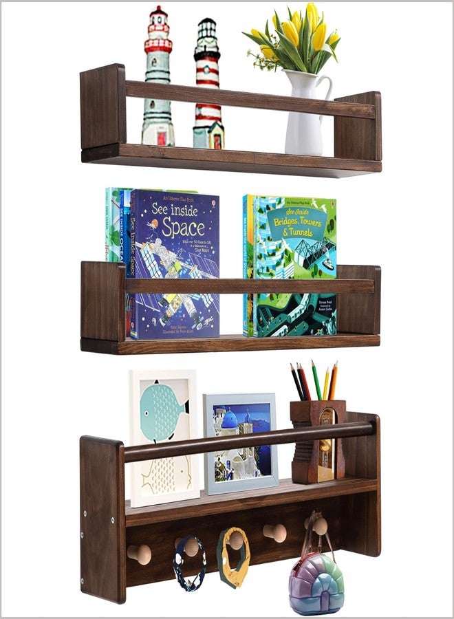 AZSKY 16 Inch Nursery Book Shelves Wall Floating Bookshelf with Hook Deep Walnut Hanging Book Shelf Toddler Room for Kids Room Bedroom Bathroom Living Room Kitchen Set of 3 - Image 1