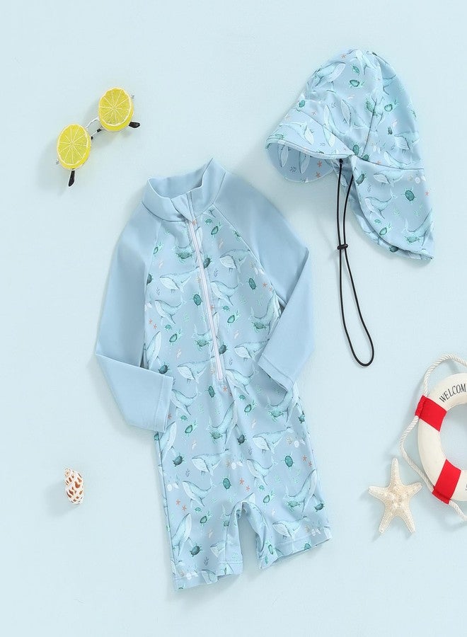 Muspeczenith Infant Baby Girls Boys Swimsuit Zipper Rash Guard Toddler One Piece Swimwear Newborn Bathing Suit with Hat (A01-Blue, 6-12 Months) - Image 3