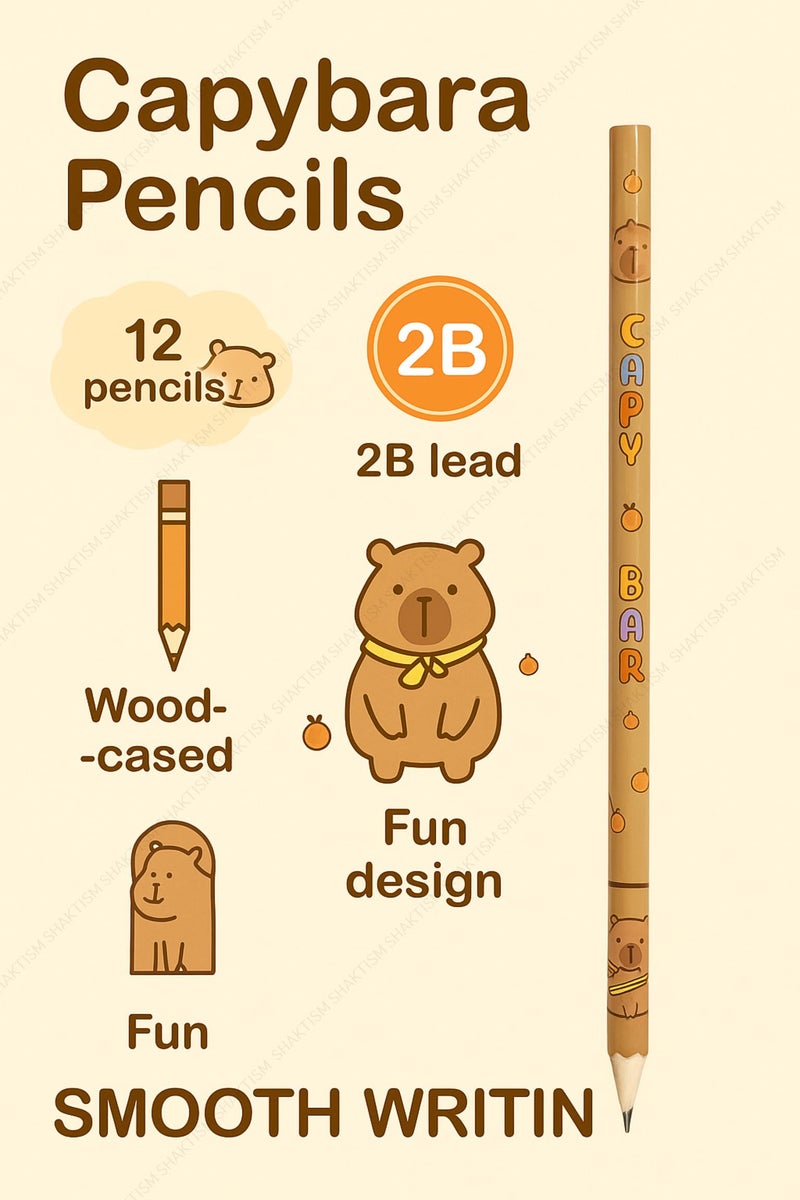 SHAKTISM Set of 12 Cute Cartoon HB Pencils - 0.5mm Graphite, Wood-C Composite, Ideal for Writing & Drawing - Student-Friendly School Supplies (Capy Bare Brown) - Image 3