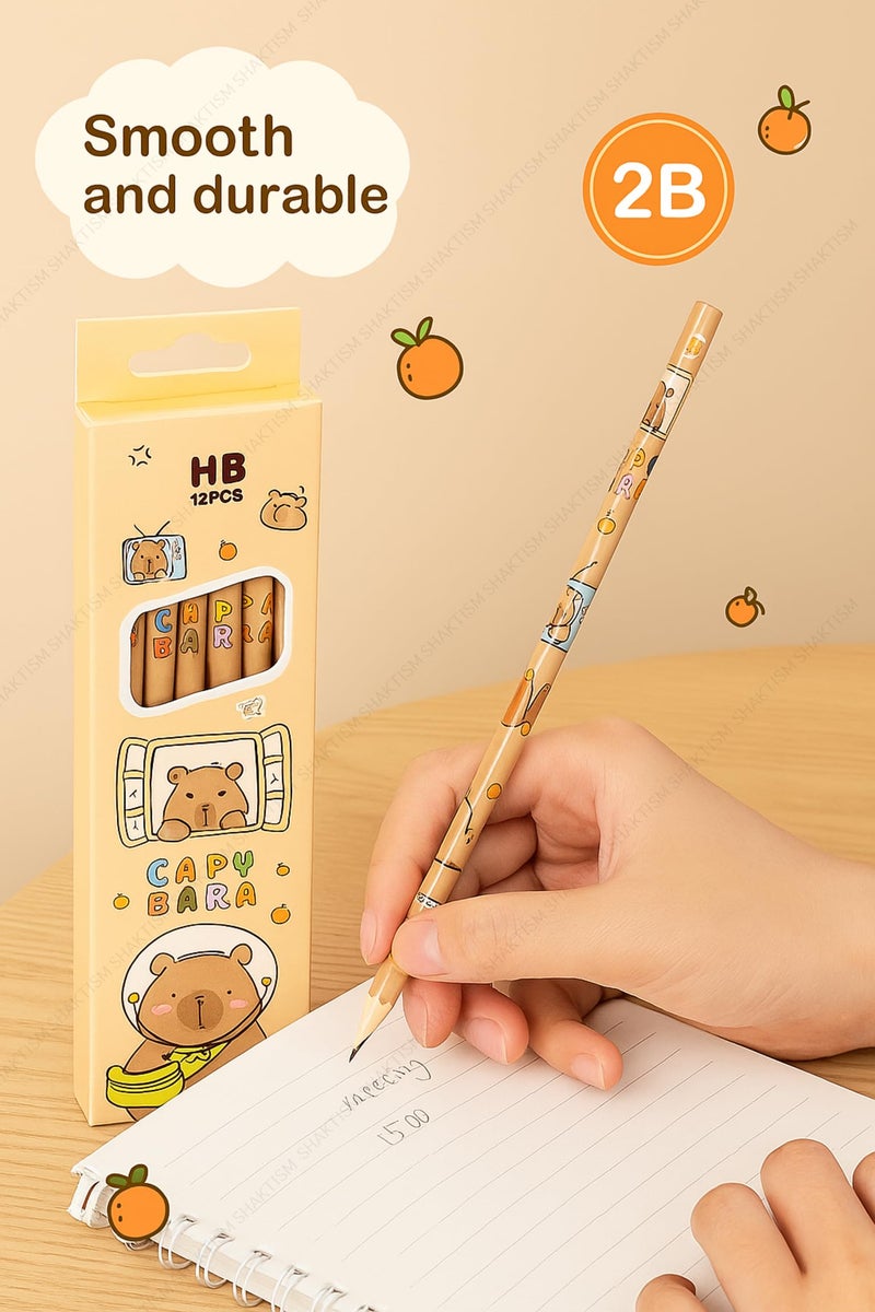 SHAKTISM Set of 12 Cute Cartoon HB Pencils - 0.5mm Graphite, Wood-C Composite, Ideal for Writing & Drawing - Student-Friendly School Supplies (Capy Bare Brown) - Image 4