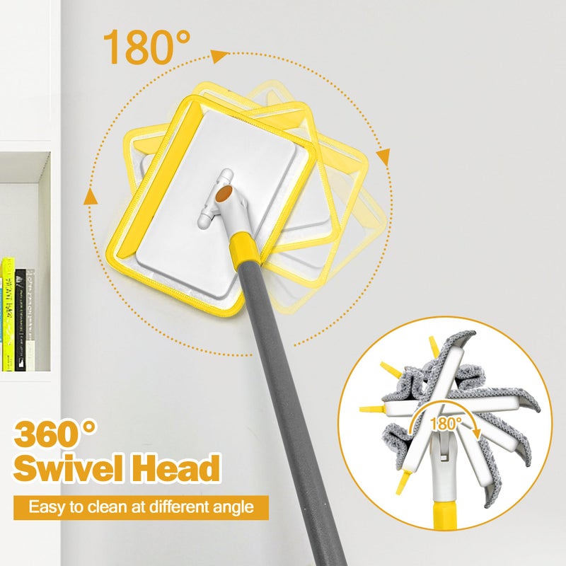 JEHONN Baseboard Cleaner Tool with Handle, 56 inches Base Boards Cleaning Mop Scrubber, 1 Stiff Bristles Brush, 2 Chenille and 2 Microfiber Pads, Wall Duster for Floorboard Ceiling Window (Yellow) - Image 5