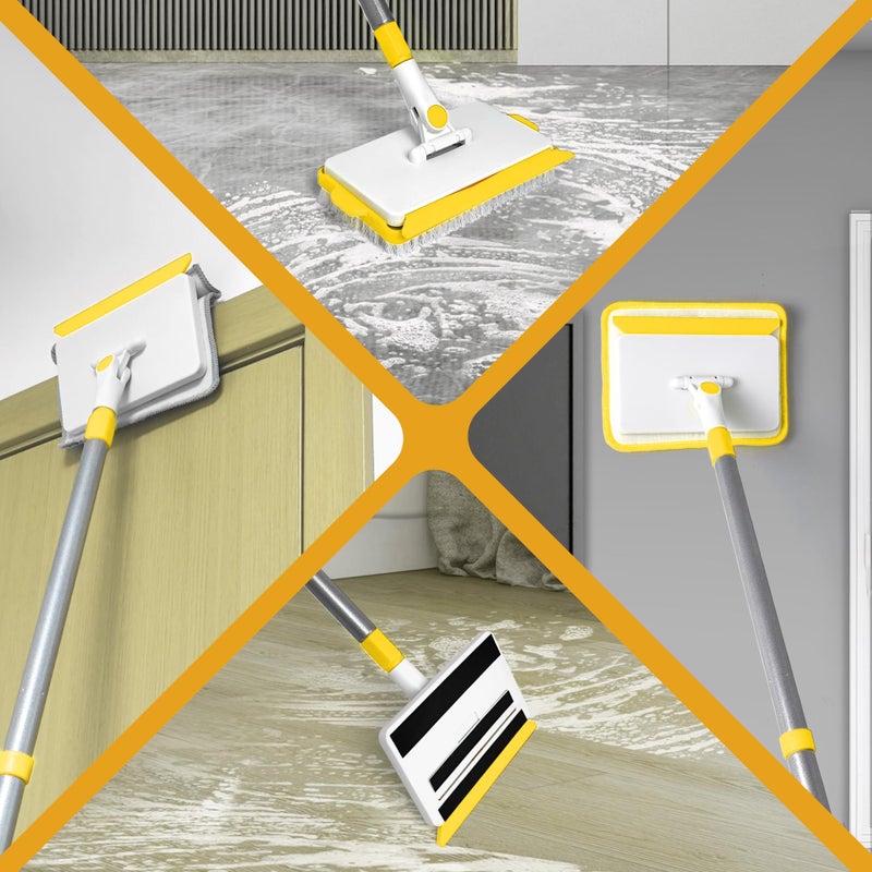 JEHONN Baseboard Cleaner Tool with Handle, 56 inches Base Boards Cleaning Mop Scrubber, 1 Stiff Bristles Brush, 2 Chenille and 2 Microfiber Pads, Wall Duster for Floorboard Ceiling Window (Yellow) - Image 4