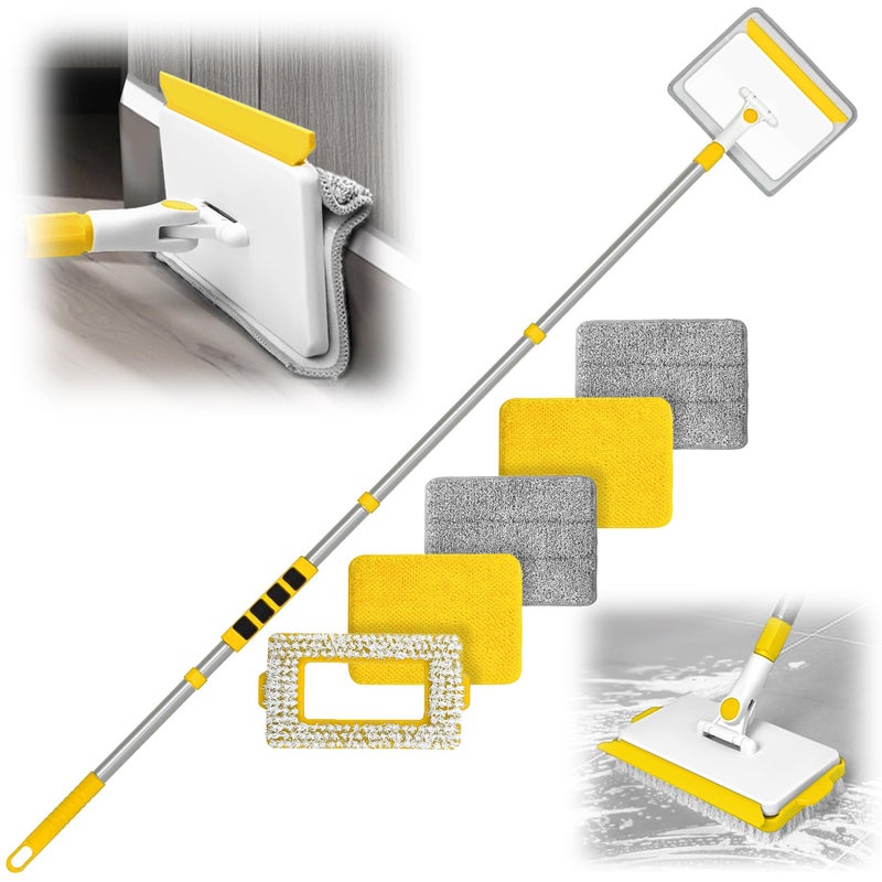 JEHONN Baseboard Cleaner Tool with Handle, 56 inches Base Boards Cleaning Mop Scrubber, 1 Stiff Bristles Brush, 2 Chenille and 2 Microfiber Pads, Wall Duster for Floorboard Ceiling Window (Yellow) - Image 1