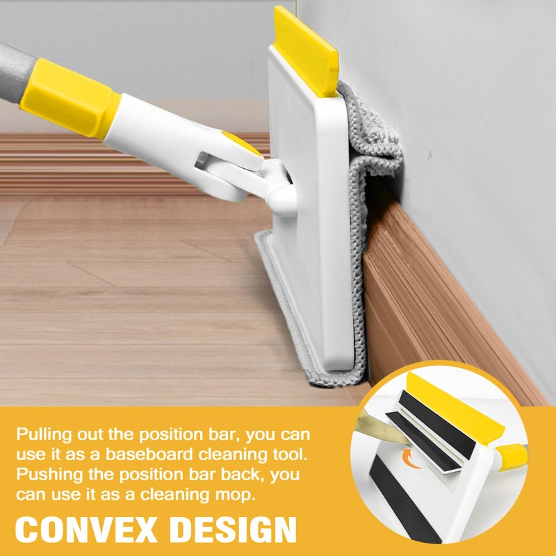 JEHONN Baseboard Cleaner Tool with Handle, 56 inches Base Boards Cleaning Mop Scrubber, 1 Stiff Bristles Brush, 2 Chenille and 2 Microfiber Pads, Wall Duster for Floorboard Ceiling Window (Yellow) - Image 2