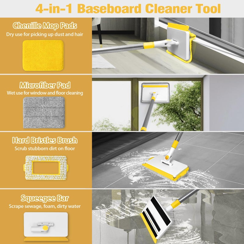 JEHONN Baseboard Cleaner Tool with Handle, 56 inches Base Boards Cleaning Mop Scrubber, 1 Stiff Bristles Brush, 2 Chenille and 2 Microfiber Pads, Wall Duster for Floorboard Ceiling Window (Yellow) - Image 3