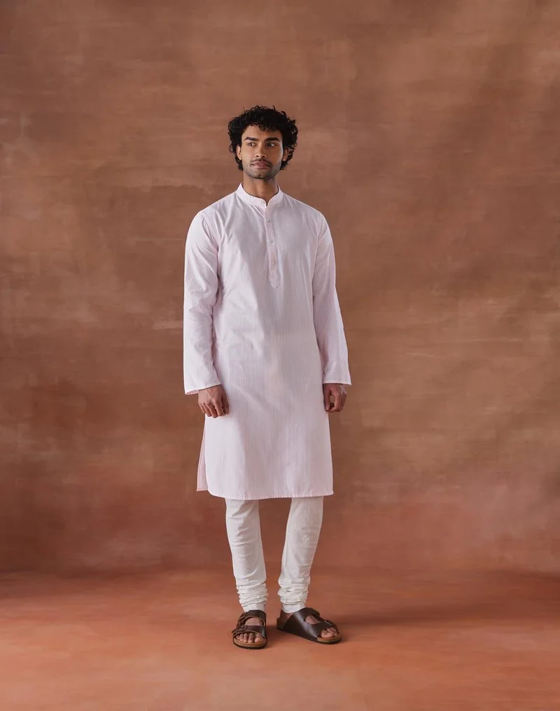 فاب انديا Pink Cotton Stripe Slim Fit Long Kurta