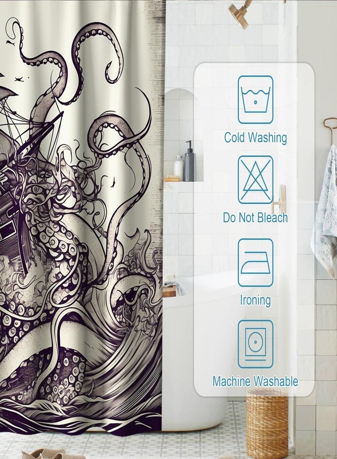 Final Friday Nautical Octopus Ocean Sailboat Theme Fabric Nautical Shower Curtain Sets Bathroom Decor with Hooks Waterproof Washable 72W x 72H inches Retro Colors and Purple - Image 4