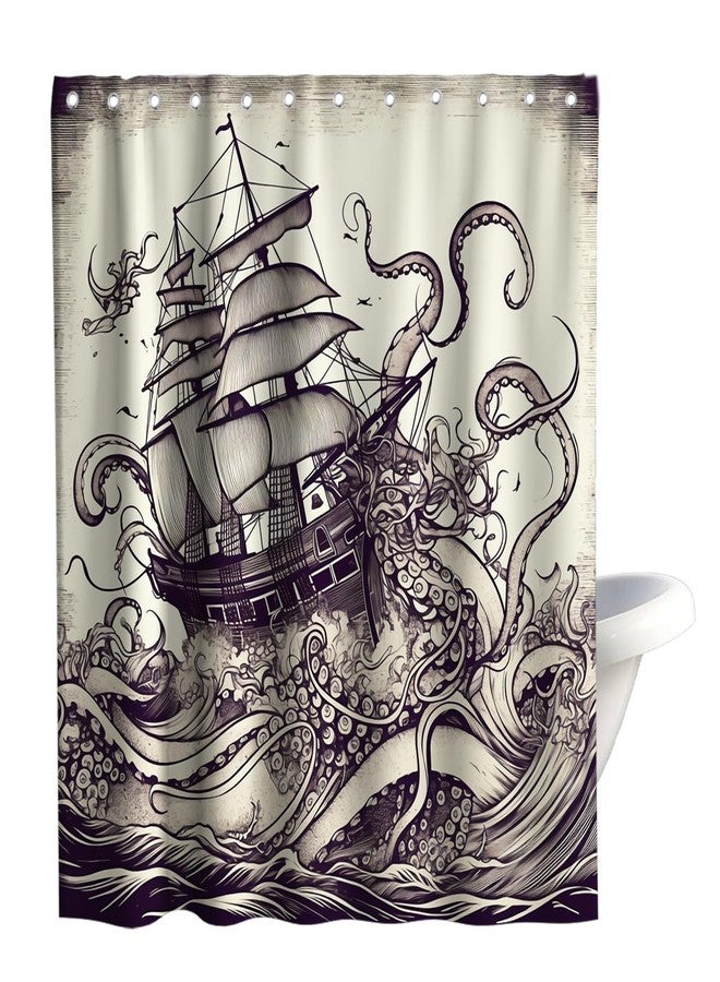 Final Friday Nautical Octopus Ocean Sailboat Theme Fabric Nautical Shower Curtain Sets Bathroom Decor with Hooks Waterproof Washable 72W x 72H inches Retro Colors and Purple - Image 1
