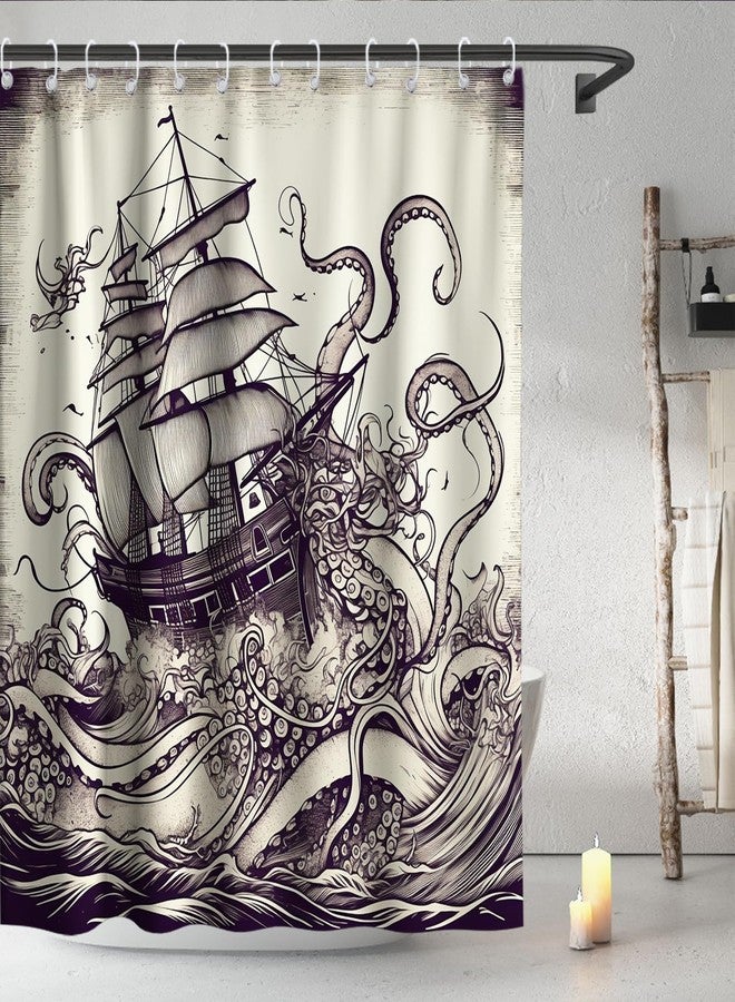 Final Friday Nautical Octopus Ocean Sailboat Theme Fabric Nautical Shower Curtain Sets Bathroom Decor with Hooks Waterproof Washable 72W x 72H inches Retro Colors and Purple - Image 2