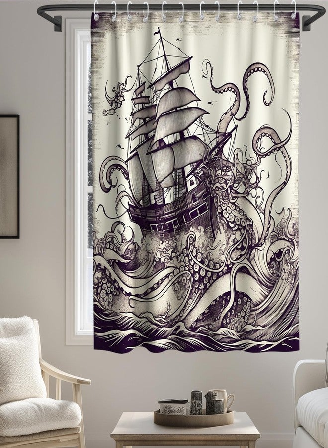 Final Friday Nautical Octopus Ocean Sailboat Theme Fabric Nautical Shower Curtain Sets Bathroom Decor with Hooks Waterproof Washable 72W x 72H inches Retro Colors and Purple - Image 3