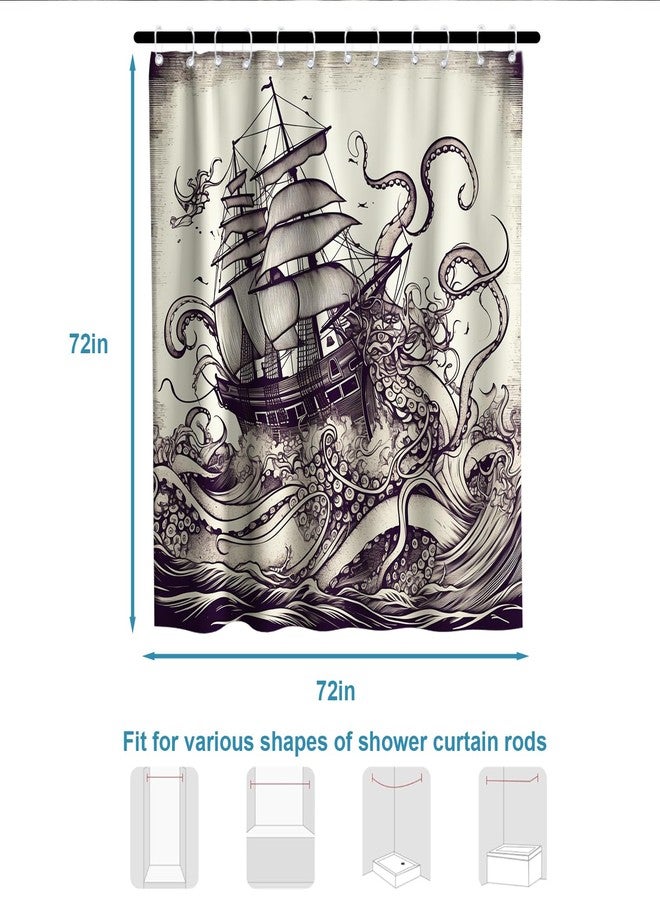 Final Friday Nautical Octopus Ocean Sailboat Theme Fabric Nautical Shower Curtain Sets Bathroom Decor with Hooks Waterproof Washable 72W x 72H inches Retro Colors and Purple - Image 5