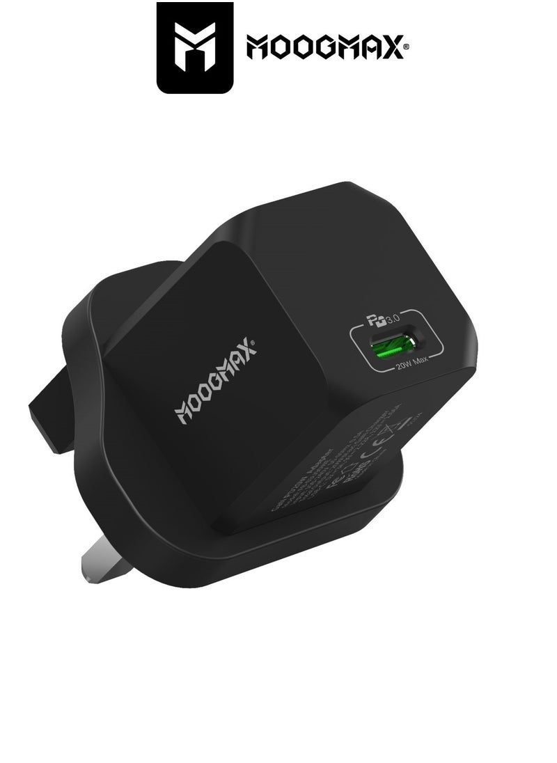 MOOGMAX Adapter charger with PD (Type-C) port, supports very fast charging 20W - with GaN tech, which makes it 3 times faster - suitable for Apple, Samsung, Nintendo Switch, & other devices - black  - Image 1