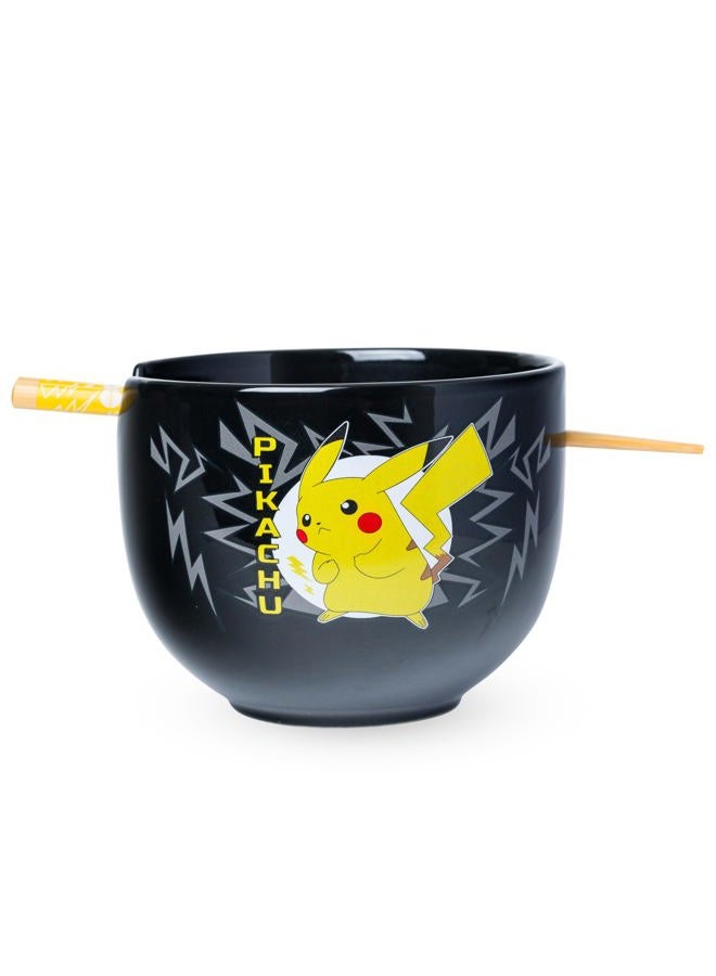 Silver Buffalo Pokemon Pikachu Japanese Text 20oz. Ceramic Ramen Bowl with Chopsticks - Image 1
