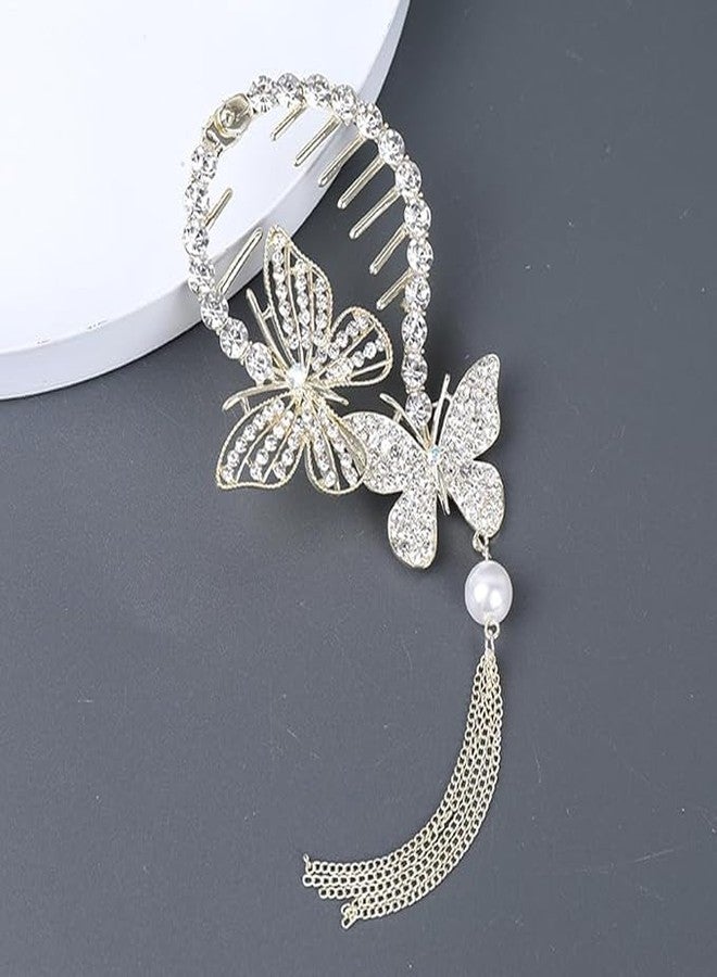 Ashkash 2pcs Elegant Alloy Tassel Hair Claw Clips with Rhinestone Embellishments - Vintage Butterfly & Flower Bun Buckles for Women - Versatile Hair Accessories - Image 5
