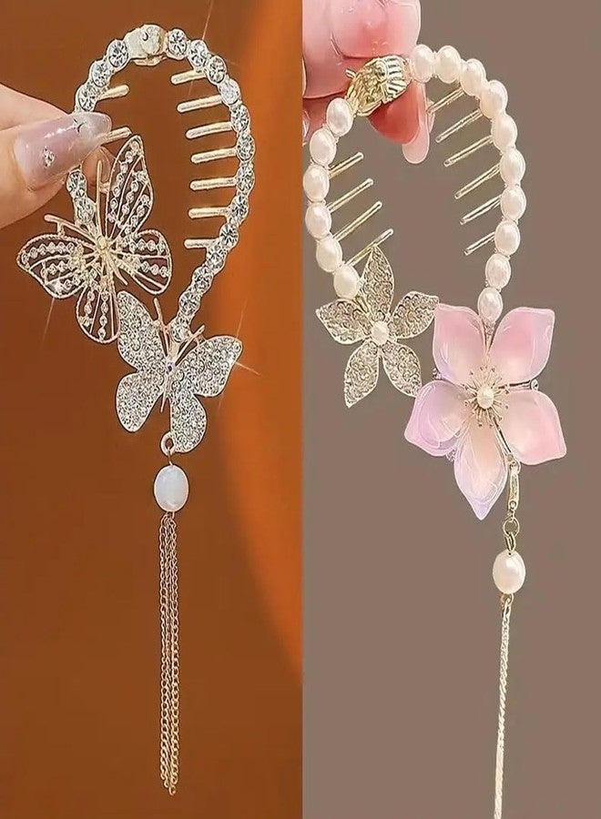 Ashkash 2pcs Elegant Alloy Tassel Hair Claw Clips with Rhinestone Embellishments - Vintage Butterfly & Flower Bun Buckles for Women - Versatile Hair Accessories - Image 1