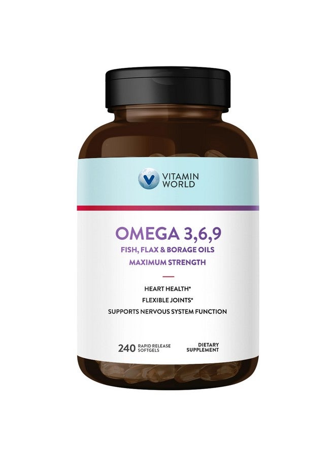 VITAMIN WORLD فيتامين وورلد أوميغا 3-6-9 ثلاثي القوة 3600 ملغ مع زيوت السمك وزيت بذور الكتان وزيت بذور البوراج، أحماض دهنية أوميغا-3 مع EPA و DHA، يدعم صحة القلب والدماغ والمناعة، خالي من الغلوتين، 240 كبسولة لينة - Image 1