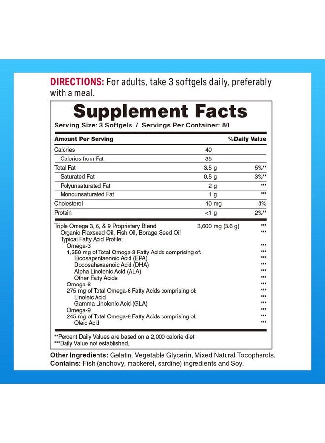 VITAMIN WORLD فيتامين وورلد أوميغا 3-6-9 ثلاثي القوة 3600 ملغ مع زيوت السمك وزيت بذور الكتان وزيت بذور البوراج، أحماض دهنية أوميغا-3 مع EPA و DHA، يدعم صحة القلب والدماغ والمناعة، خالي من الغلوتين، 240 كبسولة لينة - Image 2