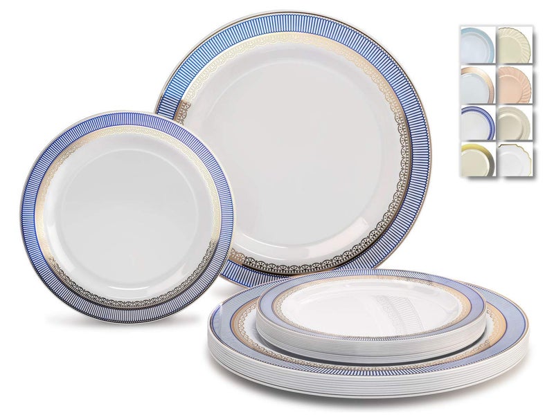 OCCASIONS FINEST PLASTIC TABLEWARE OCCASIONS  240 Plates Pack120 Guests Heavyweight Premium Disposable Plastic Plates Set 120 x 105 Dinner  120 x 75 SaladDessert Louvre BlueGold 