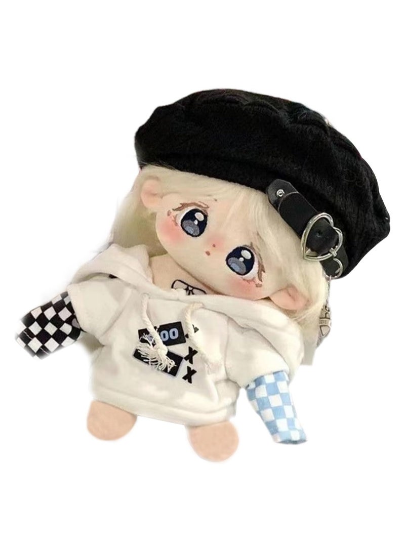 general 20cm kawaii anime cotton doll plush toy with big embroidered eyes, girl's favorite, wearing a white hoodie and black hat with red shoes - Image 1