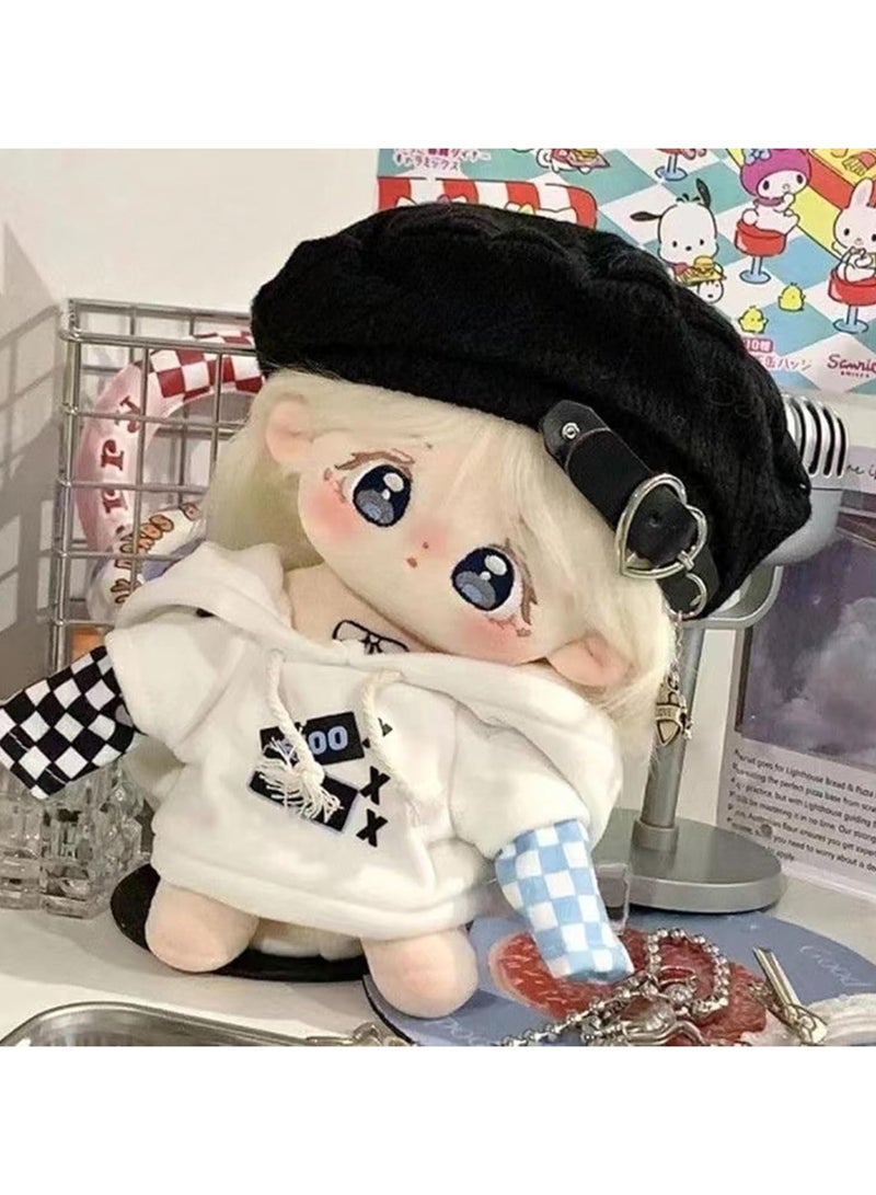 general 20cm kawaii anime cotton doll plush toy with big embroidered eyes, girl's favorite, wearing a white hoodie and black hat with red shoes - Image 3