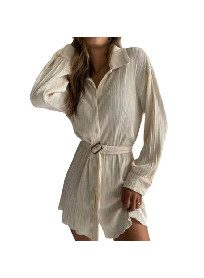 Women's New Shirt Collar Fashion Women's Elastic Waist Pleated Long Sleeve Lace-up Dress