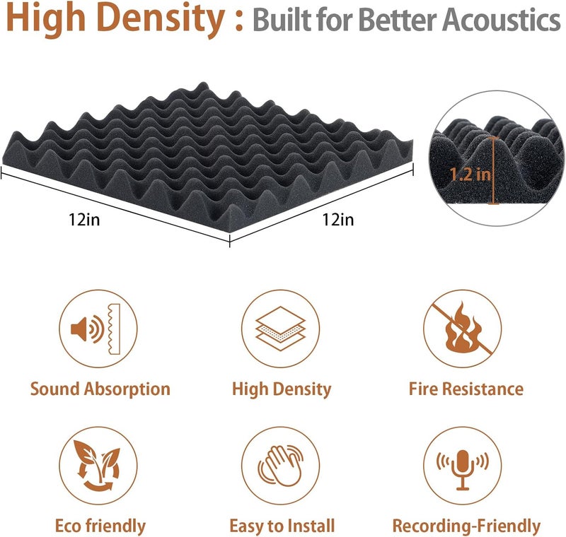 SD SODOCT 36 Pack Acoustic Foam Panels with Self Adhesive 12" X 12" X 1.2" Sound Proof Foam Panels for Walls High Density Egg-Crate Soundproof Wall Panels for Studio Office Gaming Room - Image 4