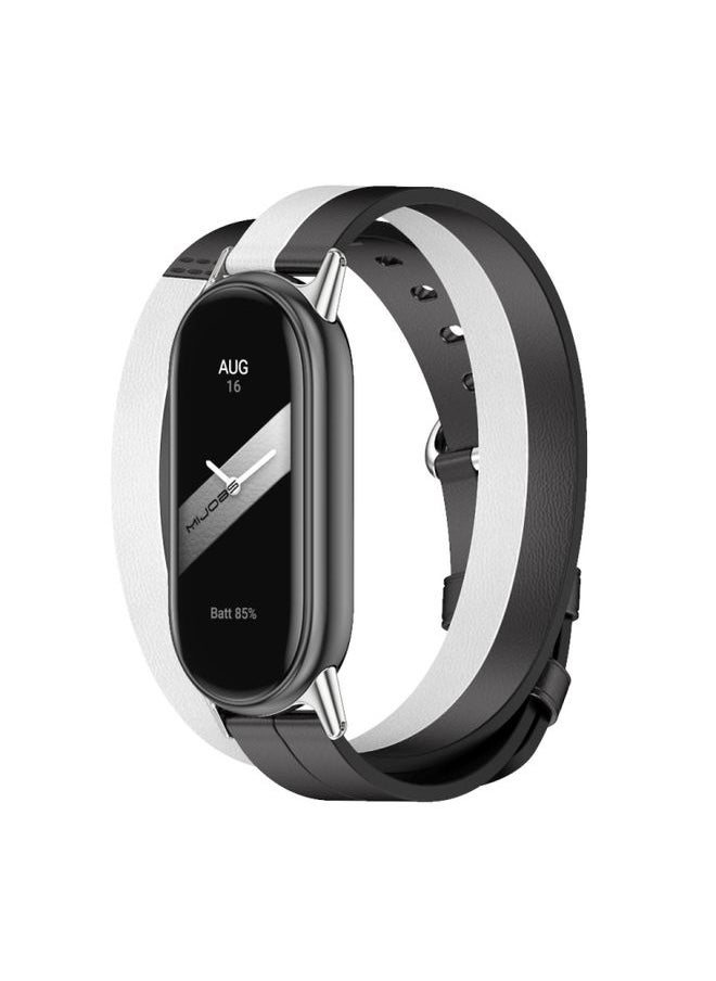 Generic Replacement Strap For Xiaomi Mi Band 8 Mijobs Double-Loop Leather Watch Band Black+White+Silver 
